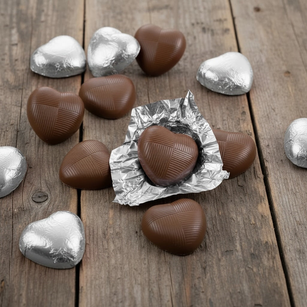 Milk chocolate hearts in silver foil with some wrapped in silver foil on a wooden surface