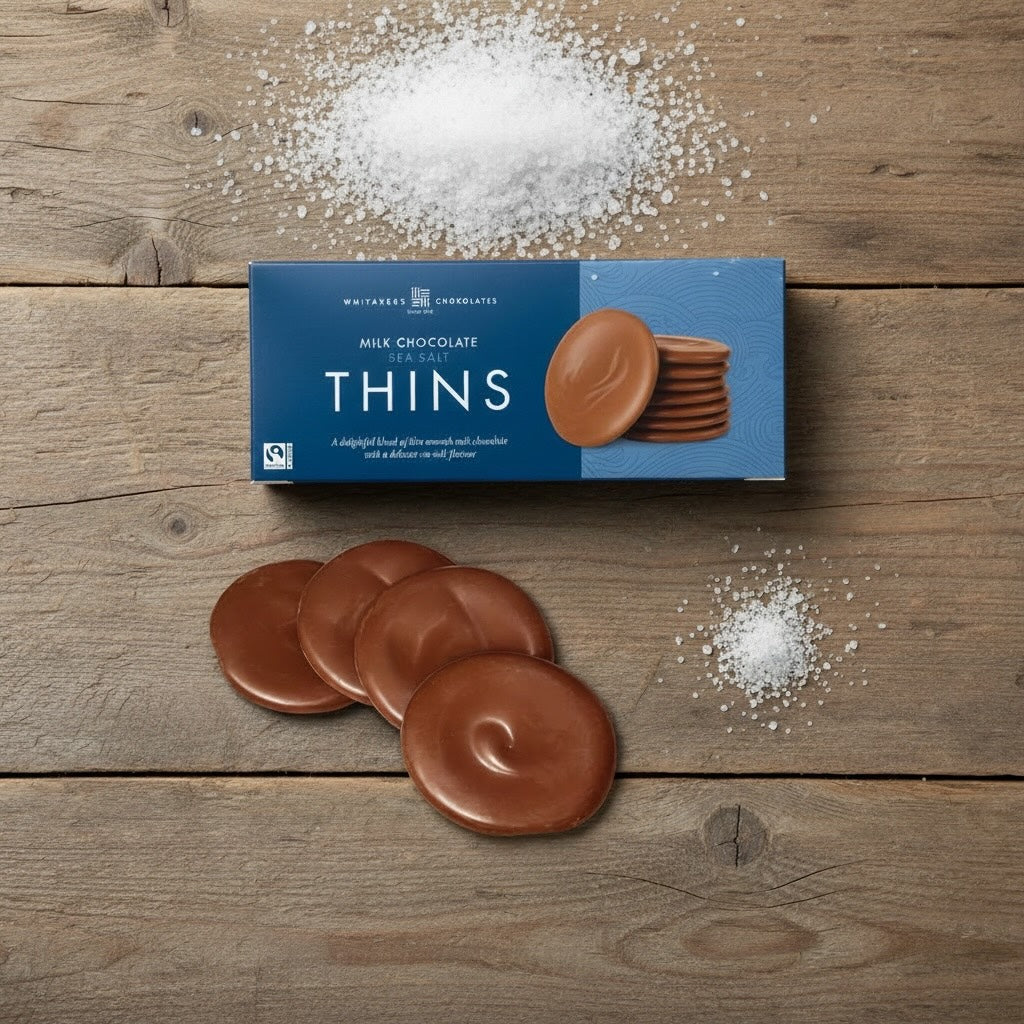 Whitakers Milk chocolate salted thins with a box on a wooden surface