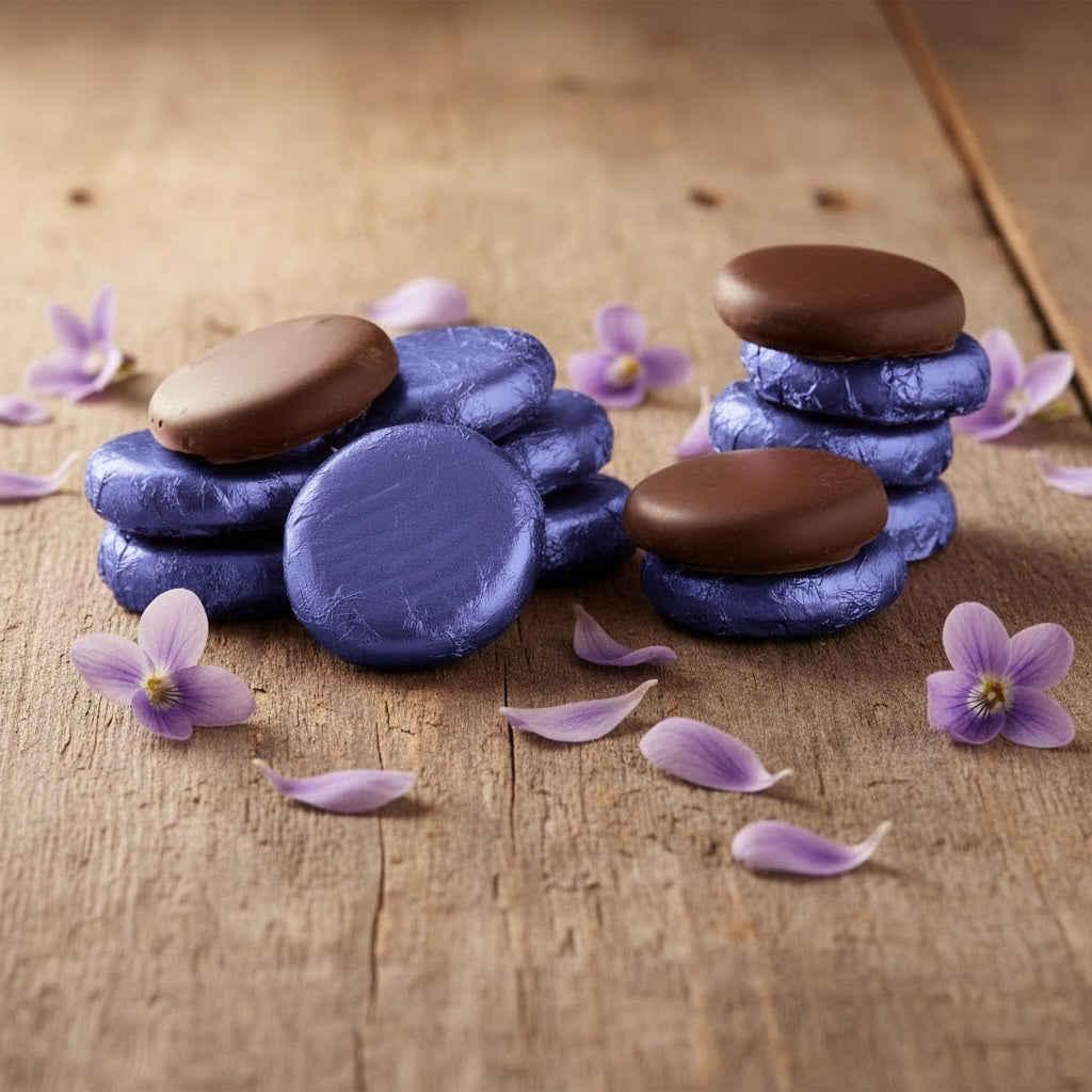 Stack of Whitakers violet foiled dark chocolate violet creams on a wooden surface with violet flower petals scattered around