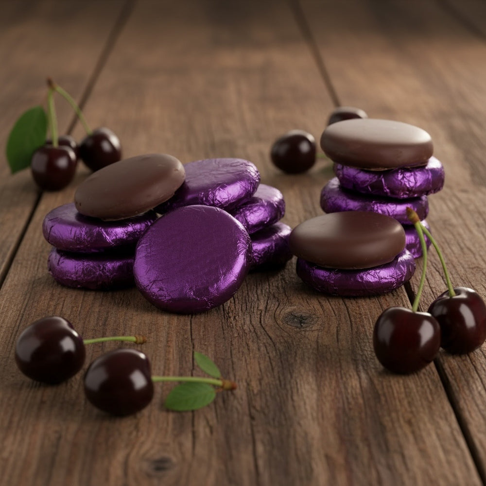 Stack of Whitakers purple foiled dark chocolate black cherry creams on a wooden surface with whole black cherries in the background