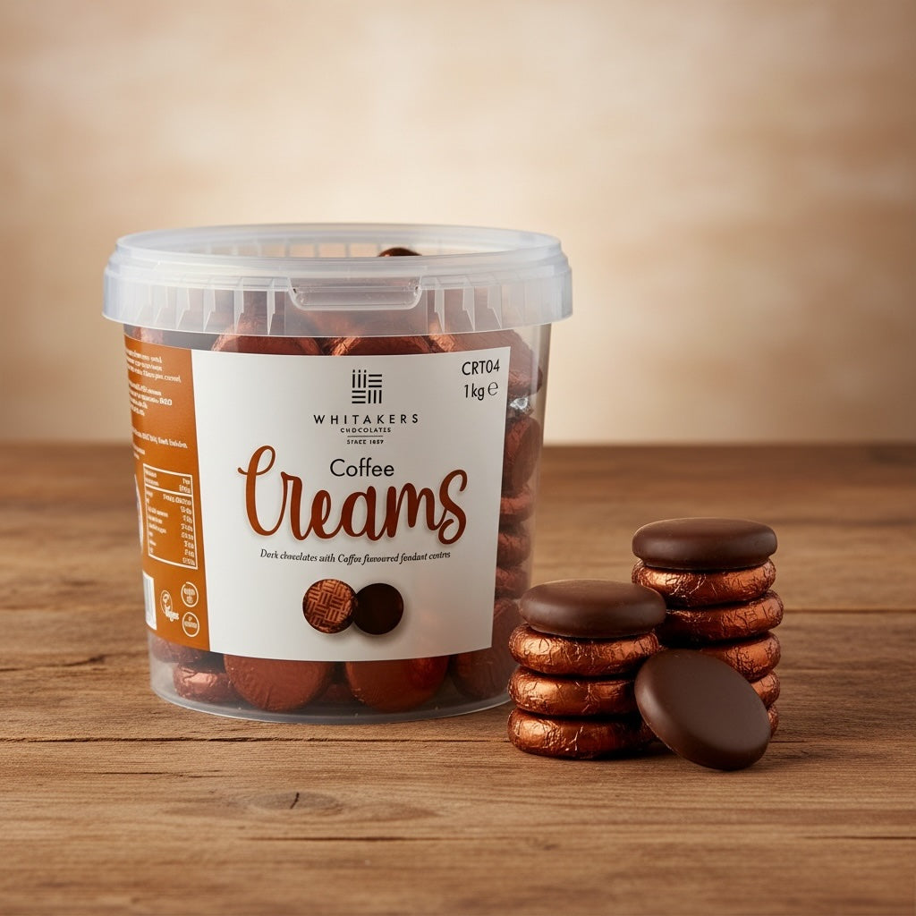 Tub of Whitakers brown foiled dark chocolate coffee creams on a wooden surface