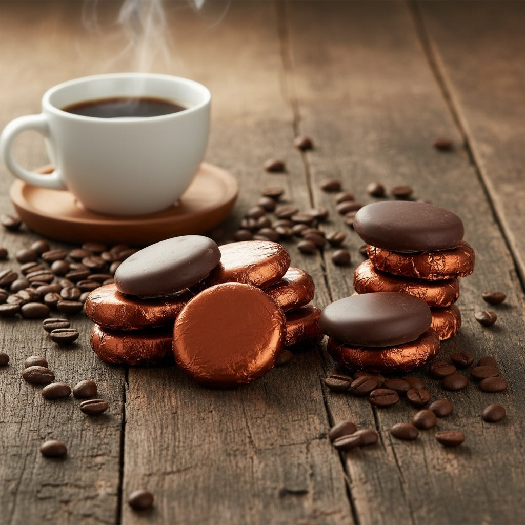 stack of Whitakers dark chocolate coffee creams on a wooden surface with coffee beans and cup of coffee in the foreground and background