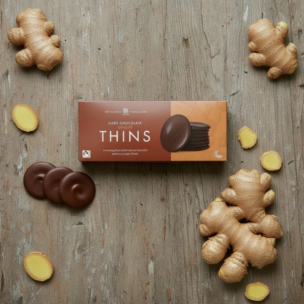Box of Whitakers dark chocolate ginger thins surrounded by ginger on a wooden surface