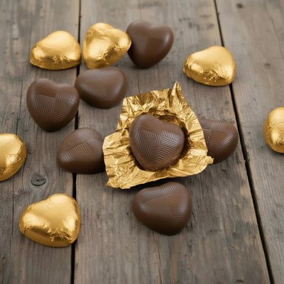 Gold Chocolate Hearts Foiled - Milk Chocolate (1kg boxes)