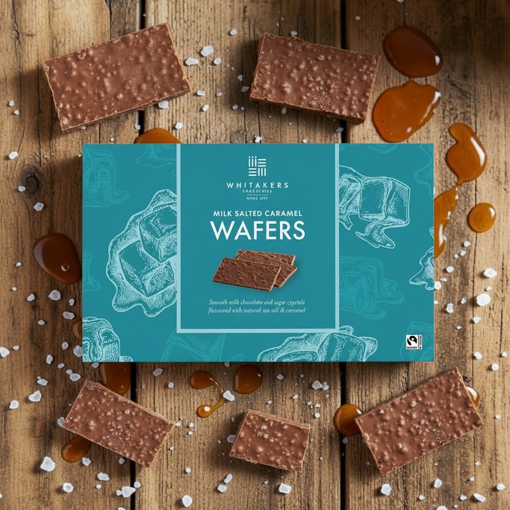 Box of Whitakers milk salted caramel wafers on a wooden background with wafer pieces, sea salt and caramel