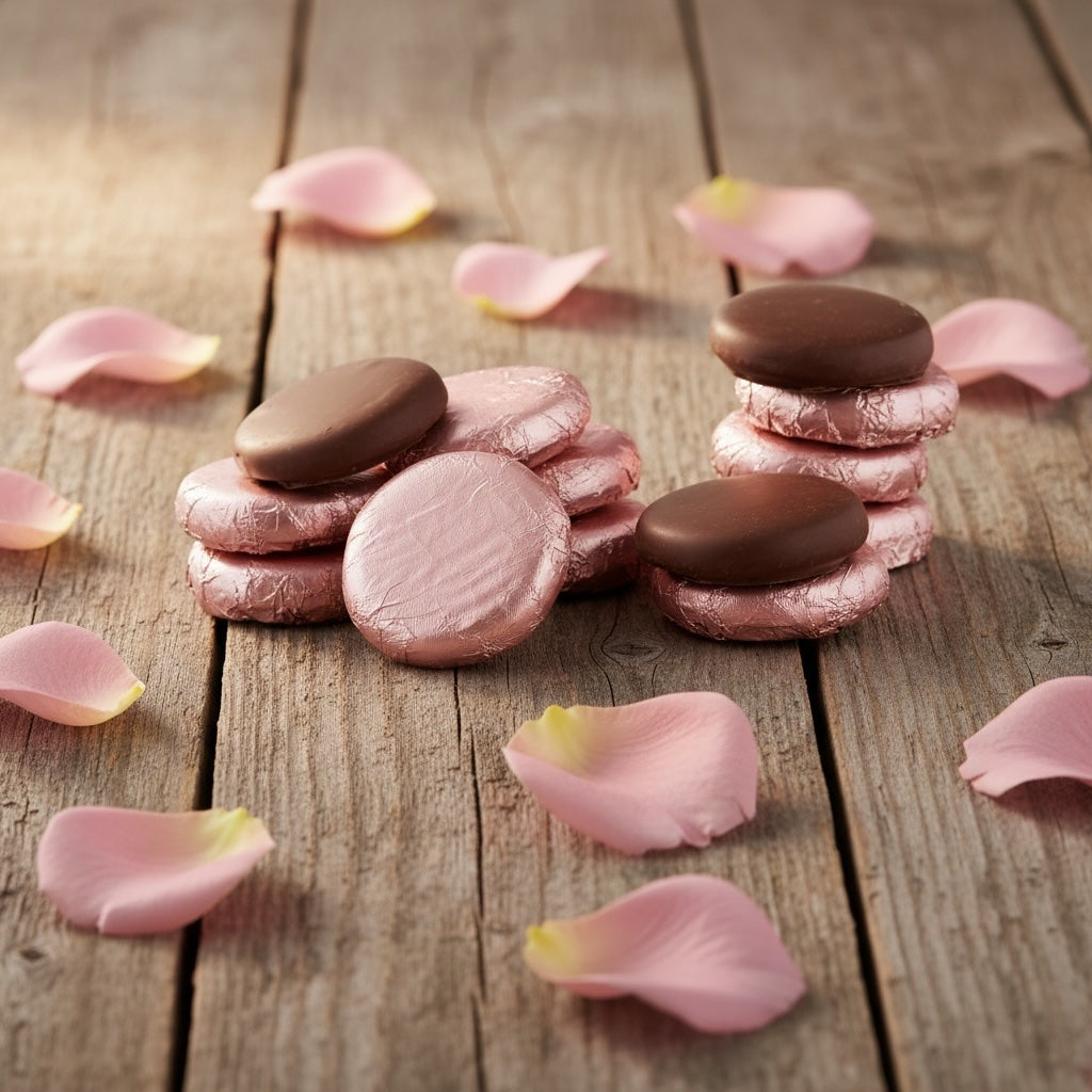 Stacks of Whitakers pale pink foiled dark chocolate rose creams on a wooden surface with rose petals
