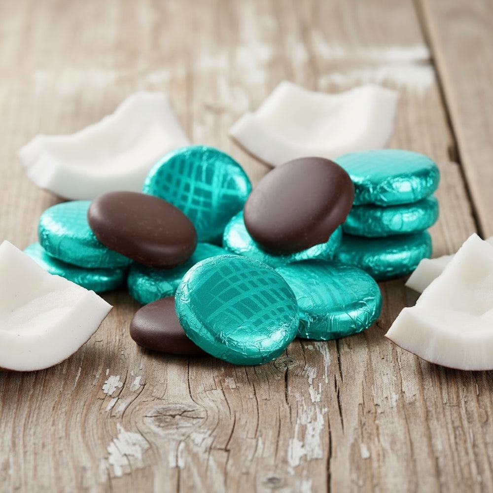 Turquoise foiled Whitakers dark chocolate coconut creams on a wooden surface