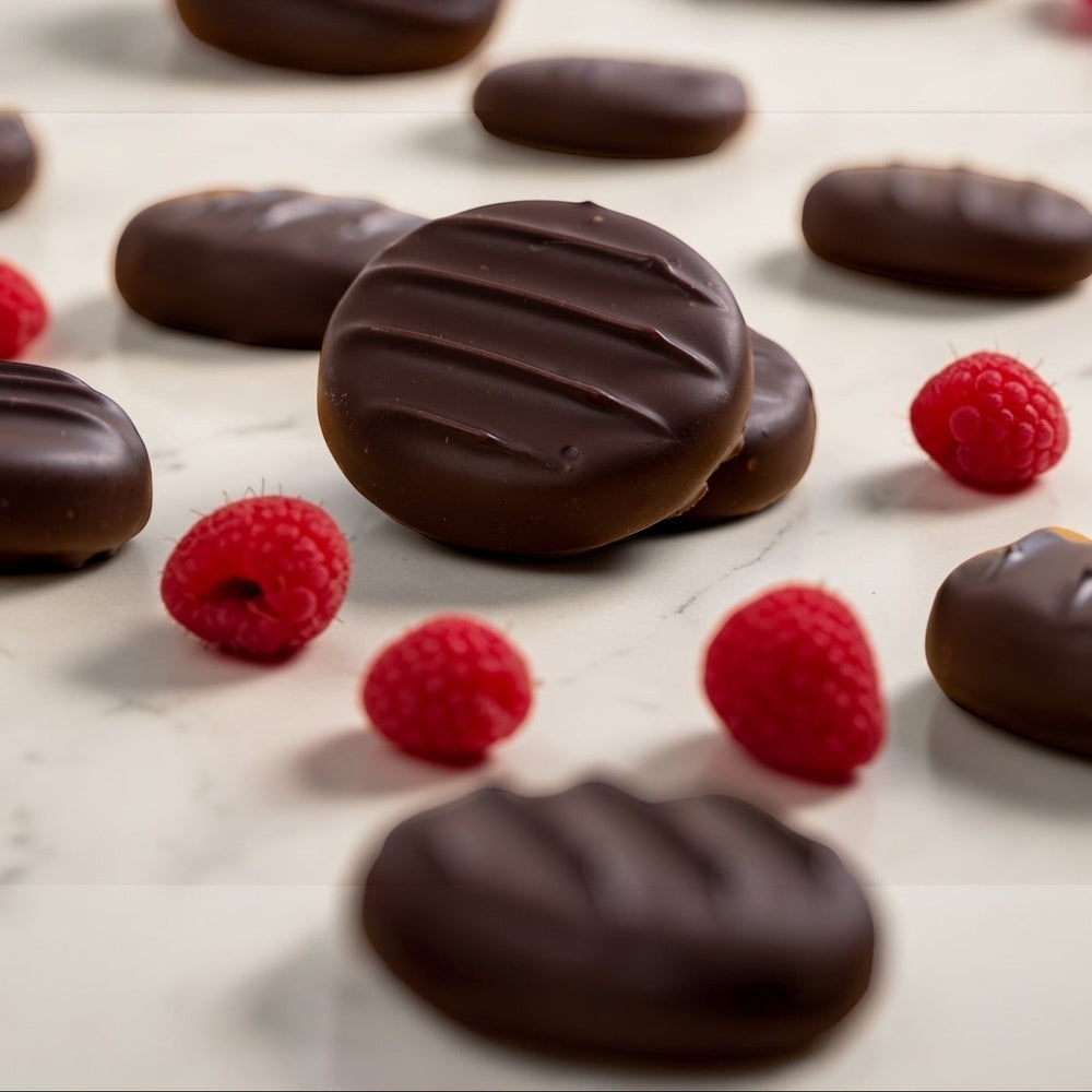 fresh raspberries and dark chocolate raspberry creams on a light marble countertop