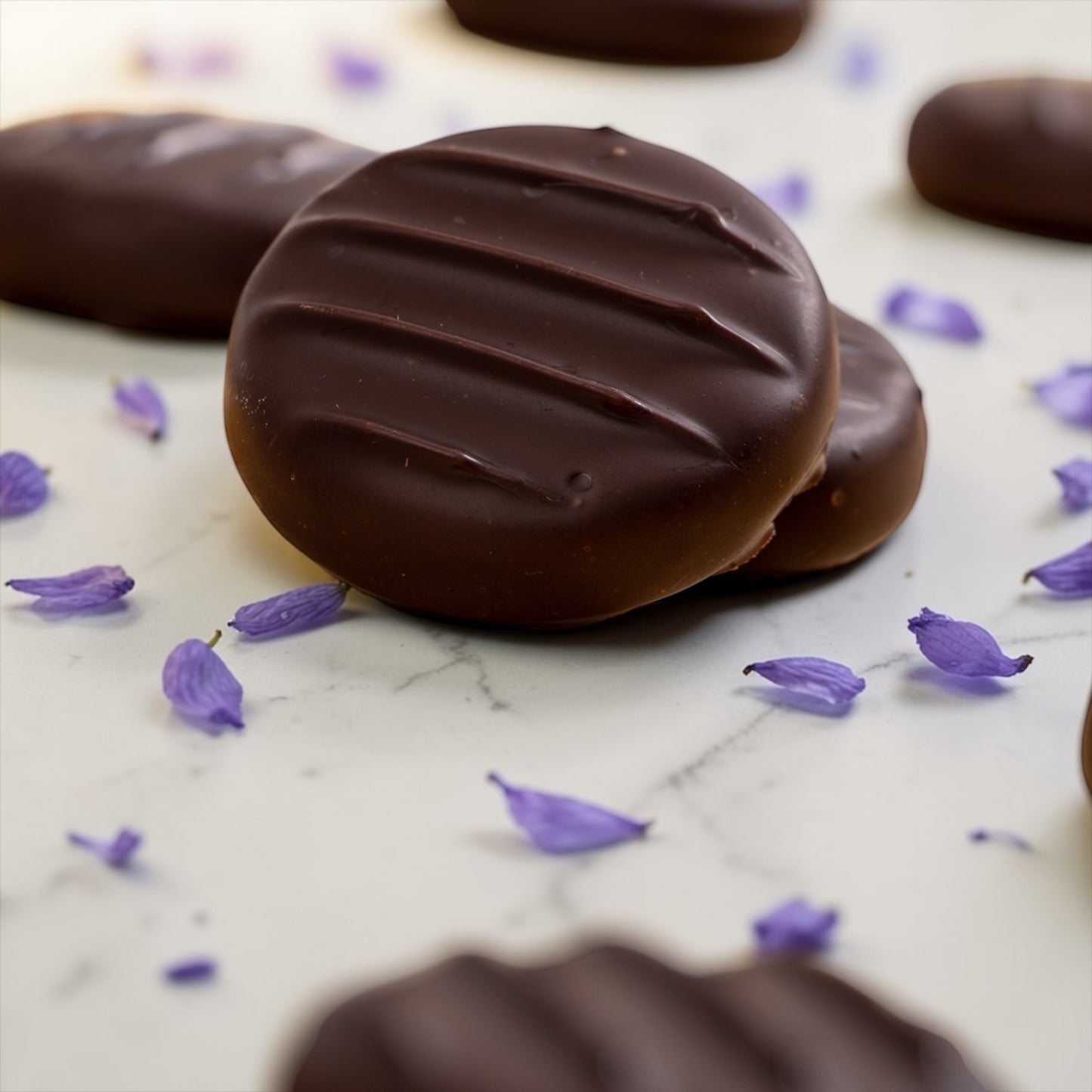 violet flower petals and dark chocolate violet creams on a lilac backdrop