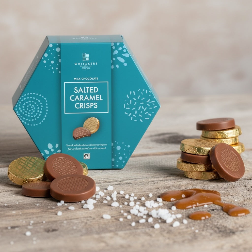 Whitakers gold foiled milk chocolate Salted Caramel Crisps packaging with chocolate crisps on a wooden surface