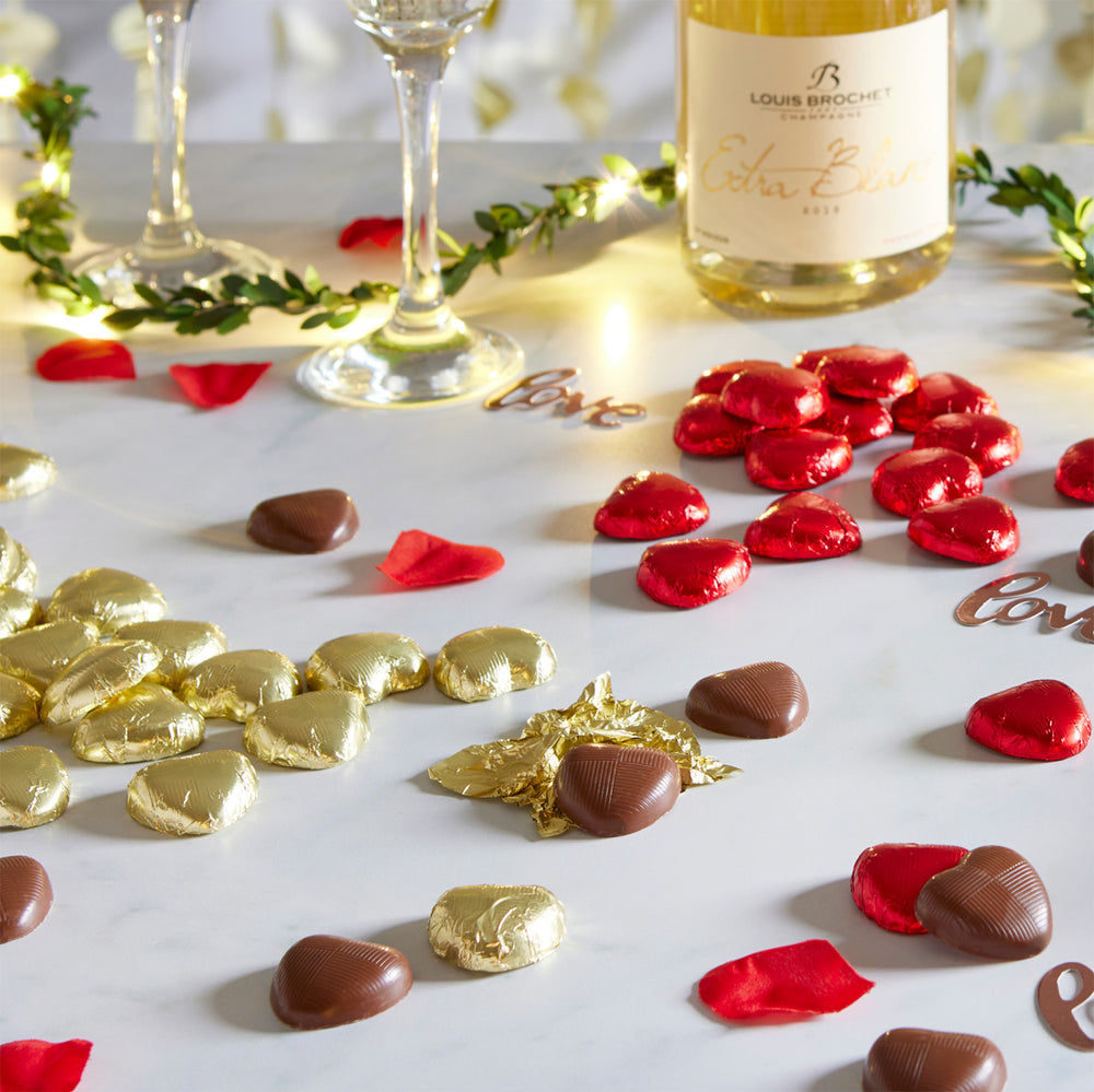 Milk Chocolate Hearts individually wrapped in luxurious gold foil packed in 1kg boxes