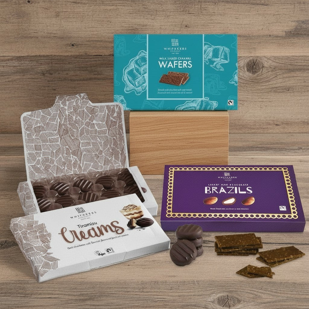 Whitakers Chocolates Assorted Fairtrade chocolates, including milk salted caramel wafers, tiramisu fondant creams, and milk chocolate Brazils on a wooden surface